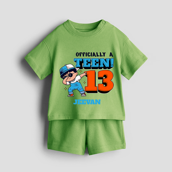 Celebrate The 13th Birthday With Officially A Teen For Boys! - Personalized Birthday Co-ord With Customized Name - KIWI GREEN - 0-5 months old  (Chest 18")