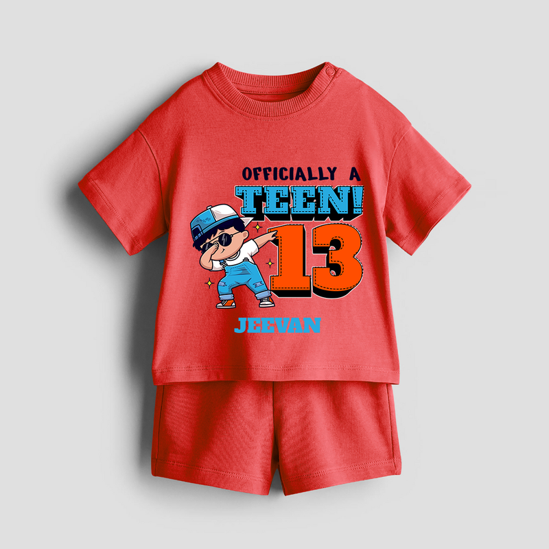 Celebrate The 13th Birthday With Officially A Teen For Boys! - Personalized Birthday Co-ord With Customized Name - RED - 0-5 months old  (Chest 18")