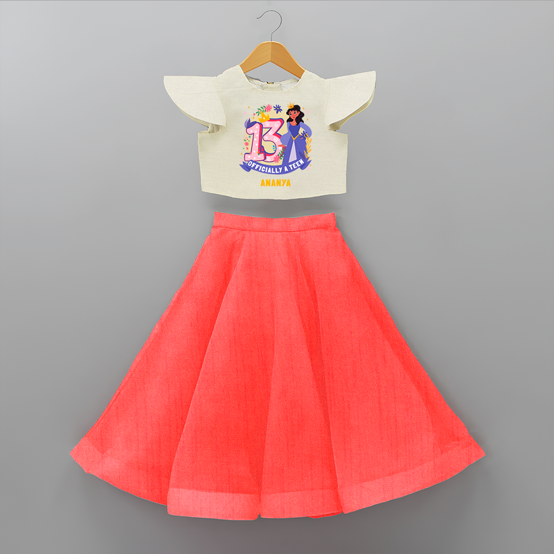 Celebrate The 13th Birthday With Officially A Teen For Girls! - Personalized Birthday Crop Top And Skirt With Customized Name - RED - 6 - 9 Months Old (Chest 20" , Frock Waist 20")