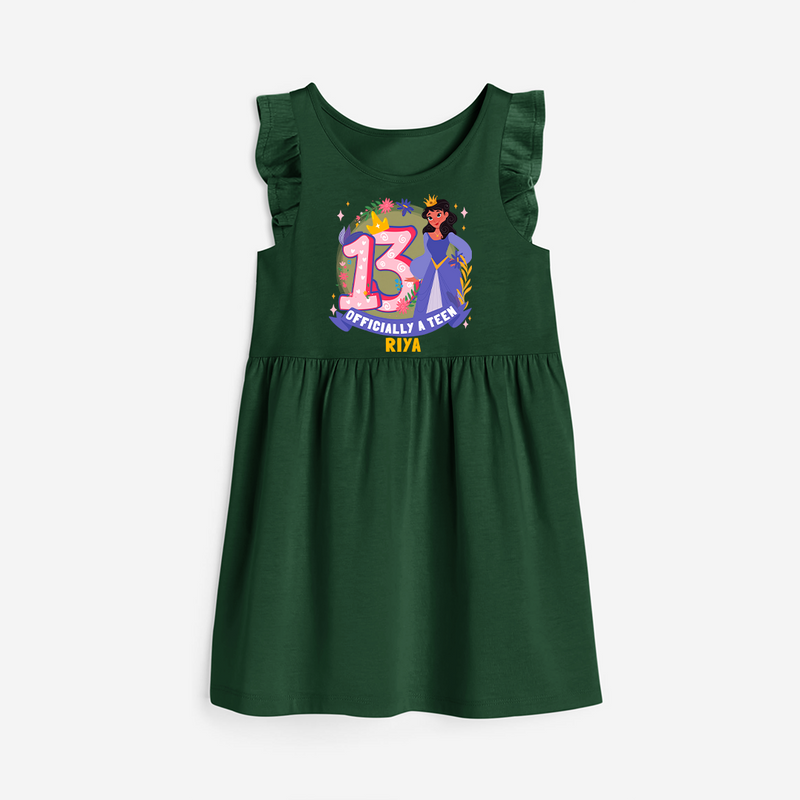 Celebrate The Thirteenth Birthday with "Officially a Teen 13" Personalized Frock - BOTTLE GREEN - 0 - 6 Months Old (Chest 18")