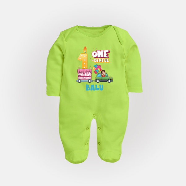 Personalized Baby Full Sleeve Bodysuit/ Sleep Suit/ Jumpsuit for 1st Month | Milestone Full Sleeve Bodysuit/ Sleep Suit/ Jumpsuit Outfit | Newborn Friendly - LIME GREEN - New Born (Chest 7.5")