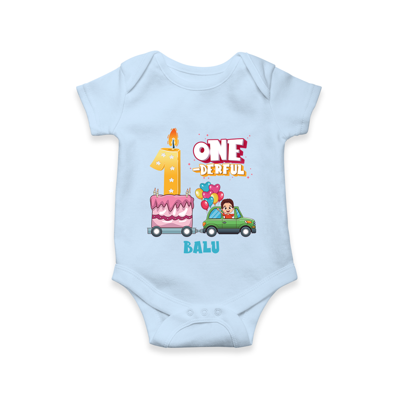 Celebrate Your Babies 1st Month With "ONE-DERFUL" - Customized Romper For Babies With Name - BABY BLUE - 0 - 3 Months Old (Chest 16")