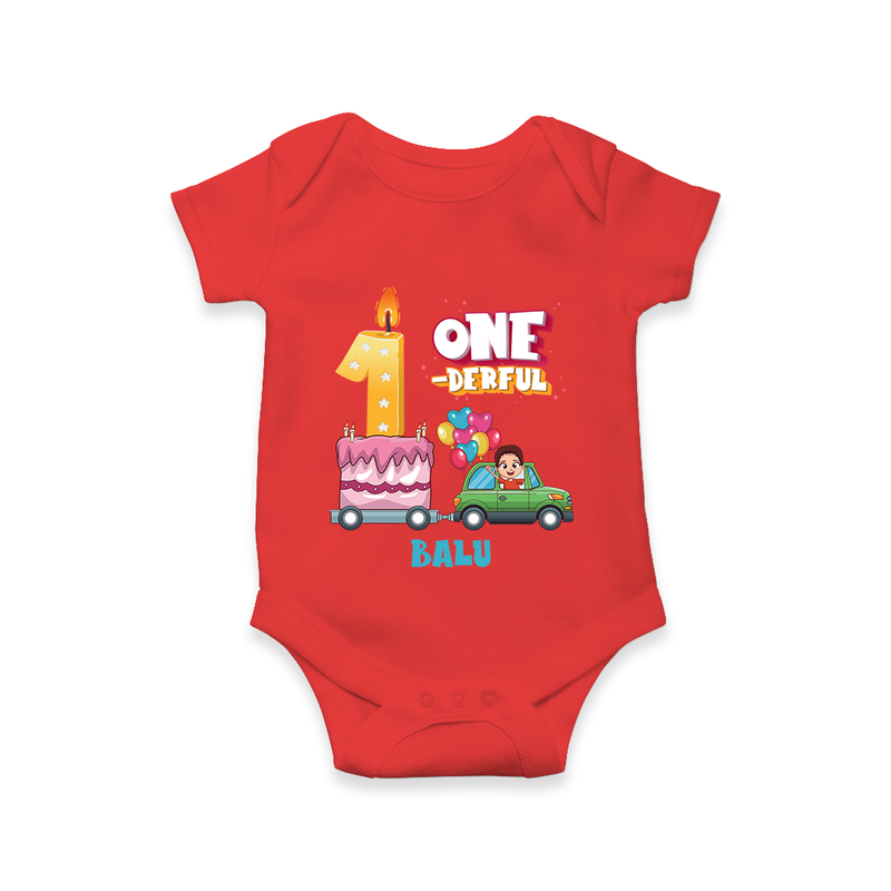 Celebrate Your Babies 1st Month With "ONE-DERFUL" - Customized Romper For Babies With Name - RED - 0 - 3 Months Old (Chest 16")