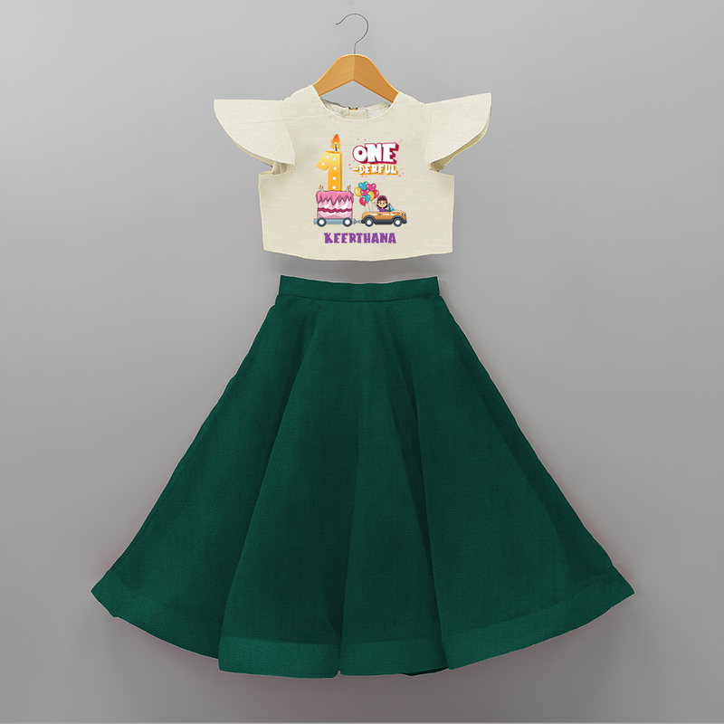 Celebrate Your Kids 1st Year Birthday With "ONE-DERFUL" - Personalized Birthday Crop Top And Skirt with Customized Name For Girls - BOTTLE GREEN - 6 - 9 Months Old (Chest 20" , Frock Waist 20")