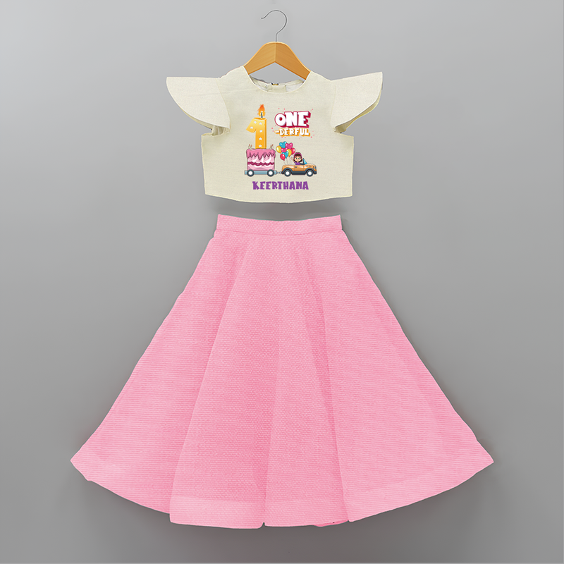 Celebrate Your Kids 1st Year Birthday With "ONE-DERFUL" - Personalized Birthday Crop Top And Skirt with Customized Name For Girls - PINK - 6 - 9 Months Old (Chest 20" , Frock Waist 20")