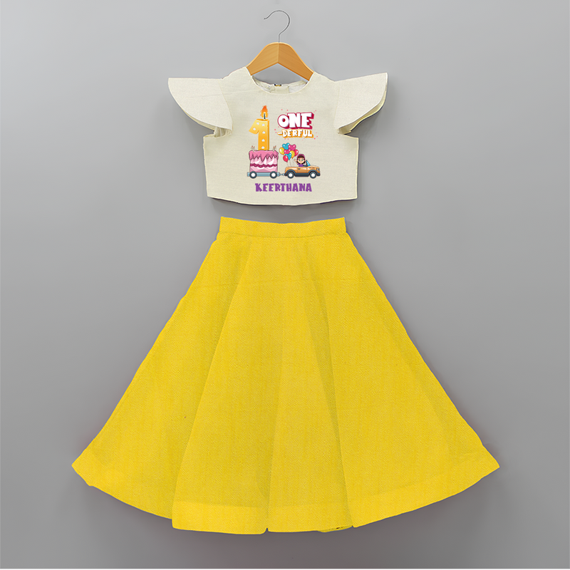 Celebrate Your Kids 1st Year Birthday With "ONE-DERFUL" - Personalized Birthday Crop Top And Skirt with Customized Name For Girls - YELLOW - 6 - 9 Months Old (Chest 20" , Frock Waist 20")