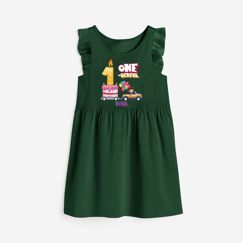 One-derful 1st Birthday – Personalized Name Frock for Girls - BOTTLE GREEN - 0 - 6 Months Old (Chest 18")