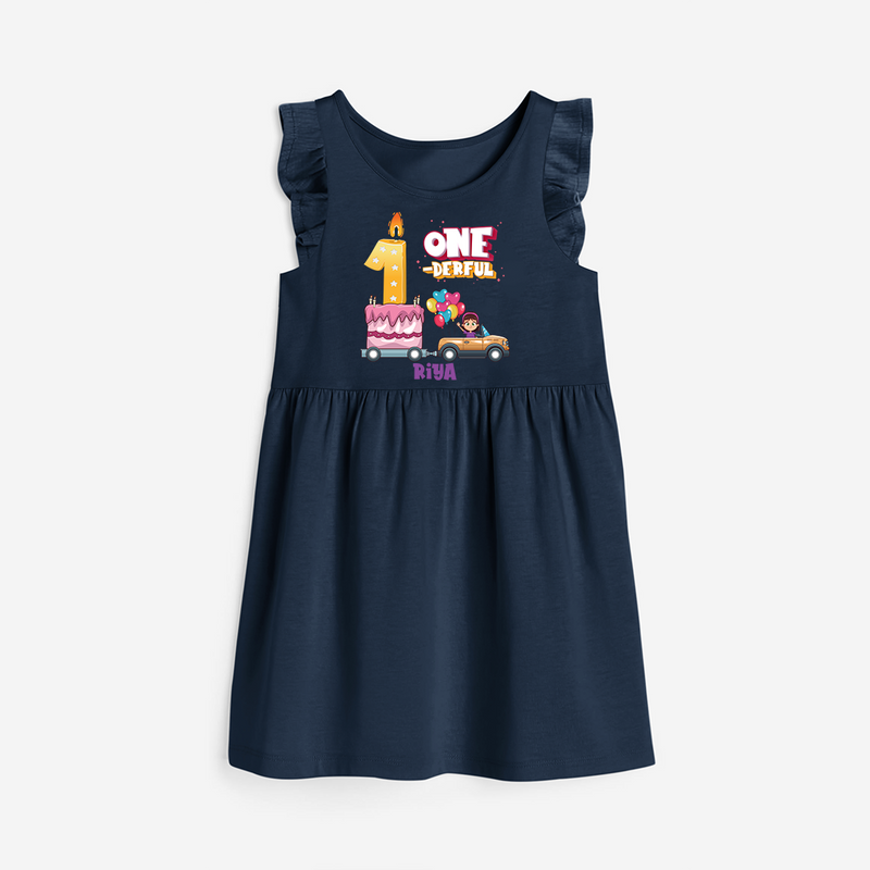 One-derful 1st Birthday – Personalized Name Frock for Girls - NAVY BLUE - 0 - 6 Months Old (Chest 18")