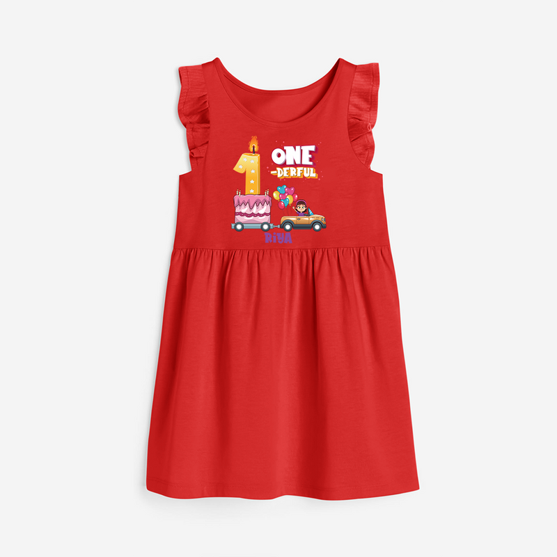 One-derful 1st Birthday – Personalized Name Frock for Girls - RED - 0 - 6 Months Old (Chest 18")