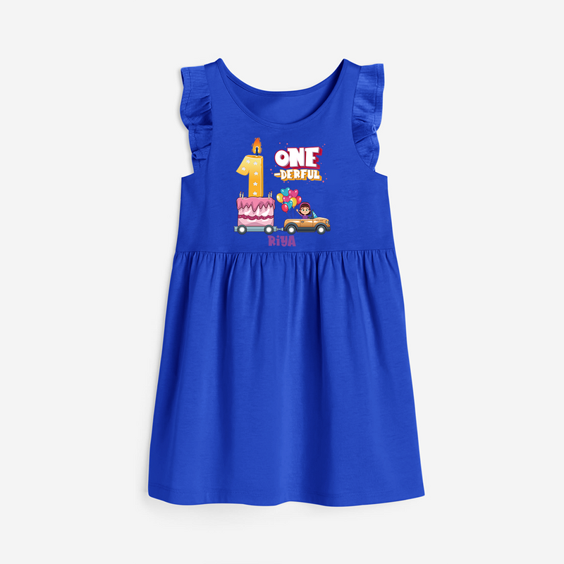 One-derful 1st Birthday – Personalized Name Frock for Girls - ROYAL BLUE - 0 - 6 Months Old (Chest 18")