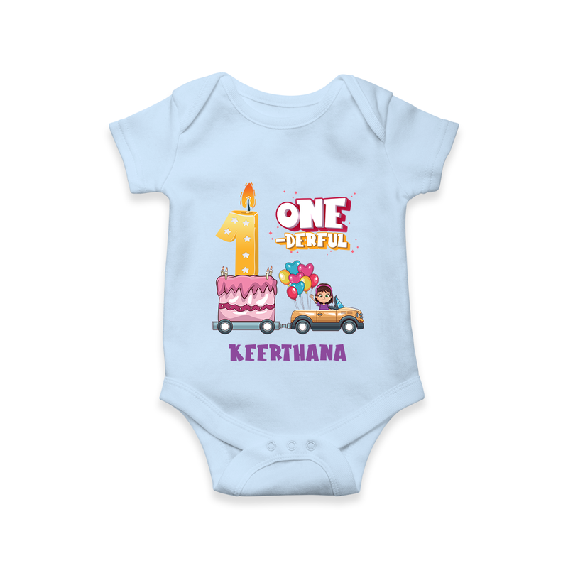 Celebrate Your Little OneÕs 1st Month With "ONE-DERFUL" - Personalized Romper For Babies With Name - BABY BLUE - 0 - 3 Months Old (Chest 16")