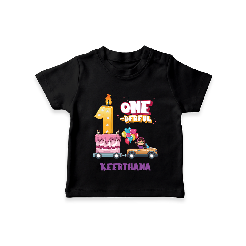 Celebrate Your Kids 1st Year Birthday With "ONE-DERFUL" - Personalized Birthday T-Shirts with Customized Name For Girls - BLACK - 0-5 Months Old (Chest 17")