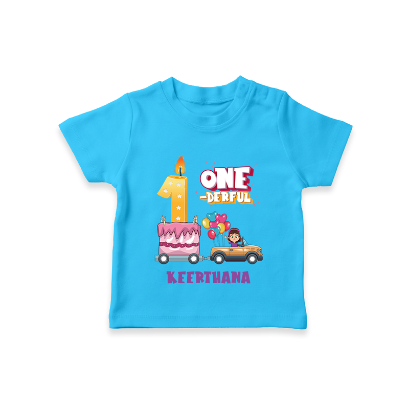 Celebrate Your Kids 1st Year Birthday With "ONE-DERFUL" - Personalized Birthday T-Shirts with Customized Name For Girls - SKY BLUE - 0-5 Months Old (Chest 17")