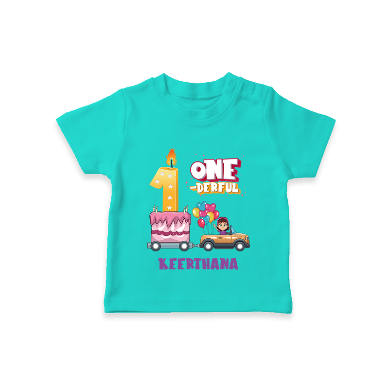 Celebrate Your Kids 1st Year Birthday With "ONE-DERFUL" - Personalized Birthday T-Shirts with Customized Name For Girls - TEAL - 0-5 Months Old (Chest 17")