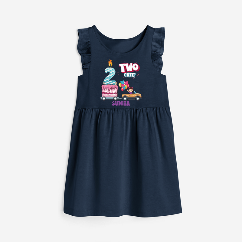 ⁠Two-Cute 2nd Birthday – Personalized Name Frock for Girls - NAVY BLUE - 0 - 6 Months Old (Chest 18")