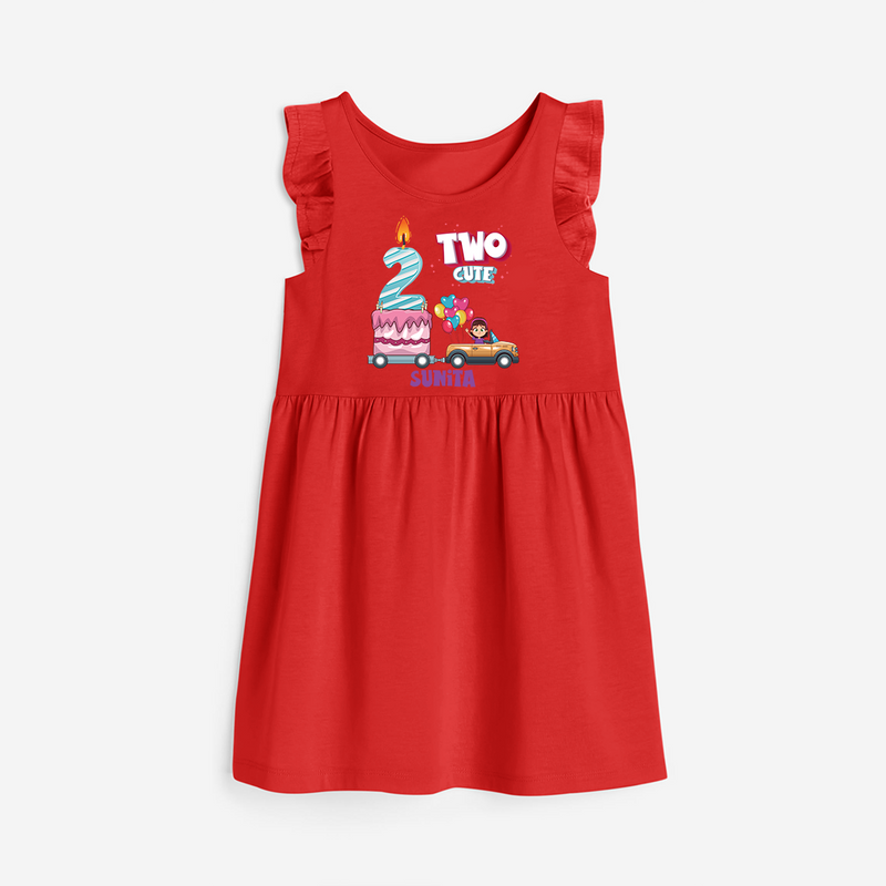 ⁠Two-Cute 2nd Birthday – Personalized Name Frock for Girls - RED - 0 - 6 Months Old (Chest 18")