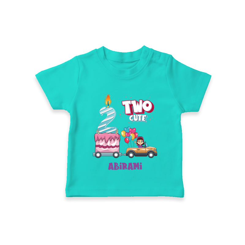 Celebrate Your Kids 2nd Year Birthday With "TWO CUTE" - Personalized Birthday T-Shirts with Customized Name For Girls - TEAL - 0-5 Months Old (Chest 17")