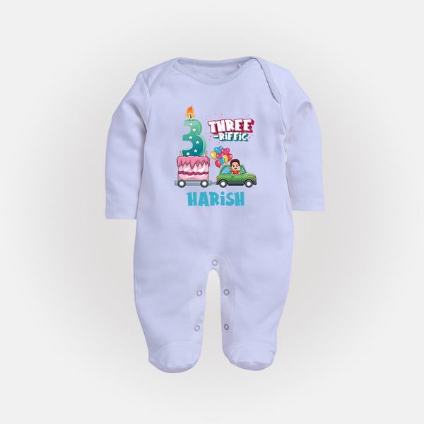 Celebrate 3 Month with Custom Full Sleeve Bodysuit/ Sleep Suit/ Jumpsuit | Personalized Newborn Outfit | Soft Cotton Comfort - BABY BLUE - New Born (Chest 7.5")