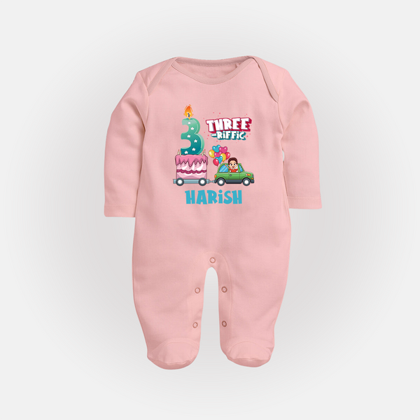 Celebrate 3 Month with Custom Full Sleeve Bodysuit/ Sleep Suit/ Jumpsuit | Personalized Newborn Outfit | Soft Cotton Comfort - BABY PINK - New Born (Chest 7.5")