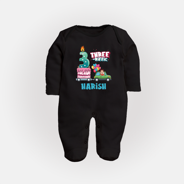 Celebrate 3 Month with Custom Full Sleeve Bodysuit/ Sleep Suit/ Jumpsuit | Personalized Newborn Outfit | Soft Cotton Comfort - BLACK - New Born (Chest 7.5")