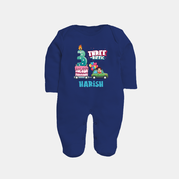 Celebrate 3 Month with Custom Full Sleeve Bodysuit/ Sleep Suit/ Jumpsuit | Personalized Newborn Outfit | Soft Cotton Comfort - NAVY BLUE - New Born (Chest 7.5")