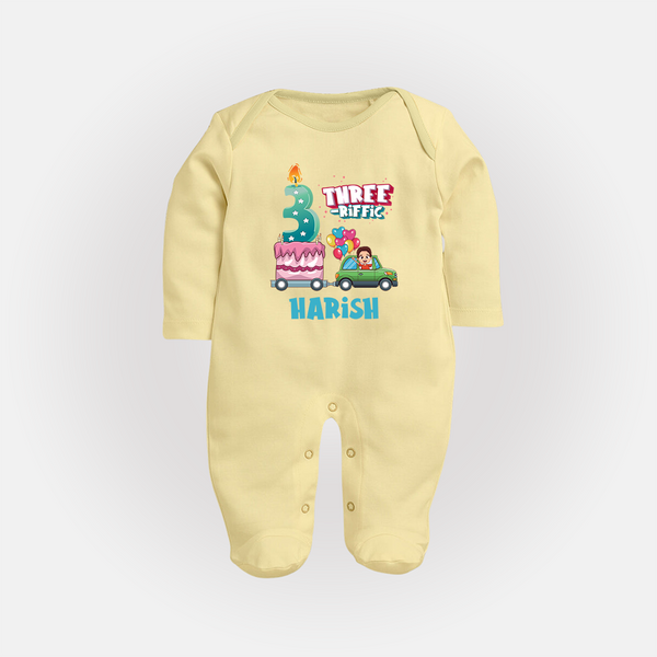 Celebrate 3 Month with Custom Full Sleeve Bodysuit/ Sleep Suit/ Jumpsuit | Personalized Newborn Outfit | Soft Cotton Comfort - PASTEL YELLOW - New Born (Chest 7.5")