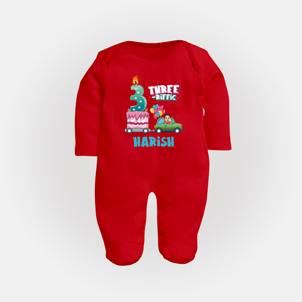Celebrate 3 Month with Custom Full Sleeve Bodysuit/ Sleep Suit/ Jumpsuit | Personalized Newborn Outfit | Soft Cotton Comfort - RED - New Born (Chest 7.5")