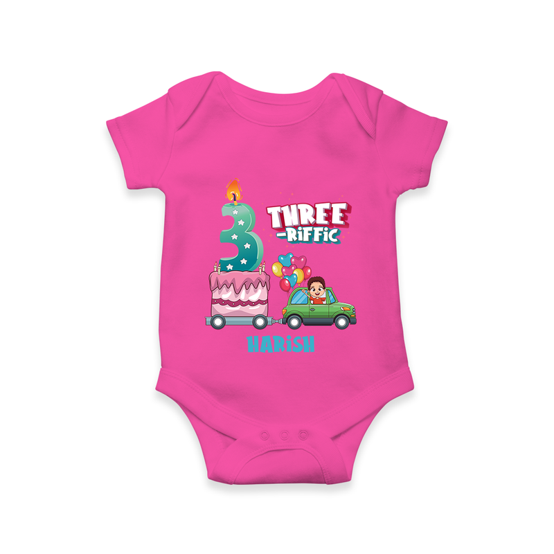 Celebrate Your Babies 3rd Month With "THREE-RIFFIC" - Customized Romper For Babies With Name - HOT PINK - 0 - 3 Months Old (Chest 16")