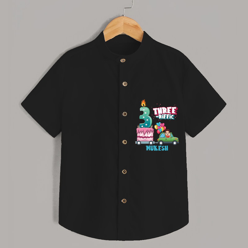 Three-riffic 3rd Birthday – Custom Name Shirt for Boys - BLACK - 0 - 6 Months Old (Chest 21")