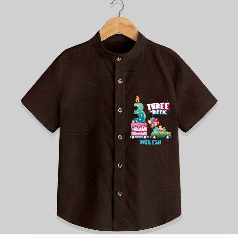 Three-riffic 3rd Birthday – Custom Name Shirt for Boys - CHOCOLATE BROWN - 0 - 6 Months Old (Chest 21")