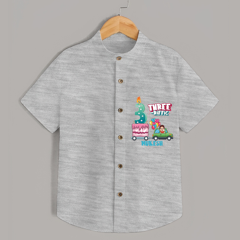 Three-riffic 3rd Birthday – Custom Name Shirt for Boys - GREY MELANGE - 0 - 6 Months Old (Chest 21")