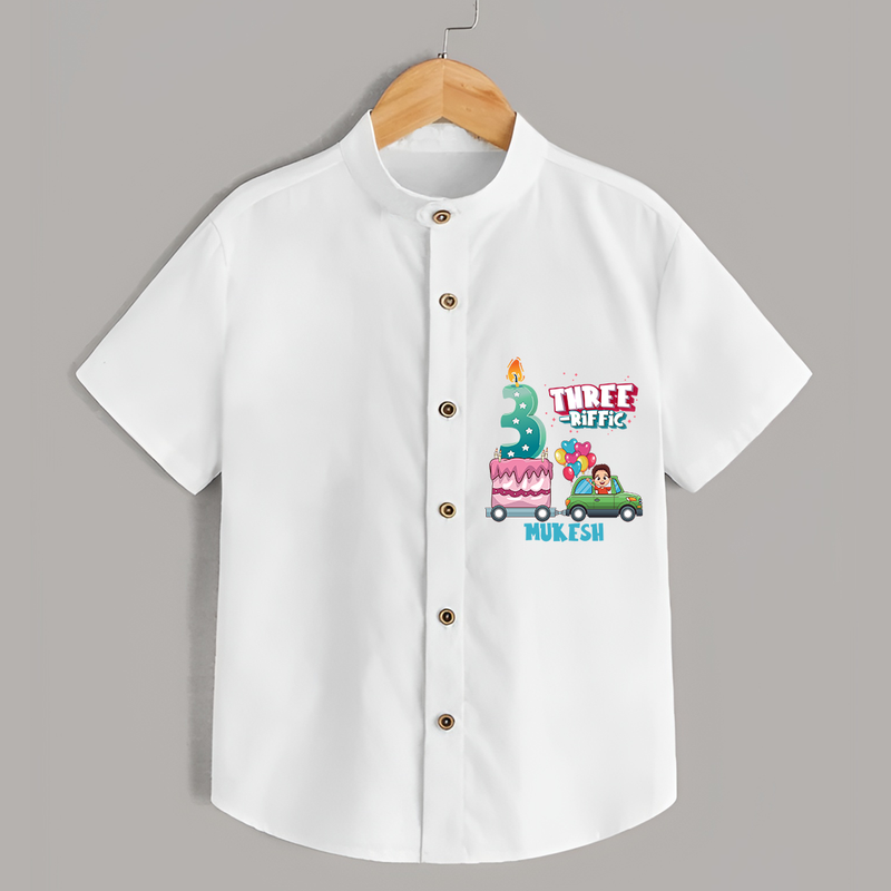 Three-riffic 3rd Birthday – Custom Name Shirt for Boys - WHITE - 0 - 6 Months Old (Chest 21")