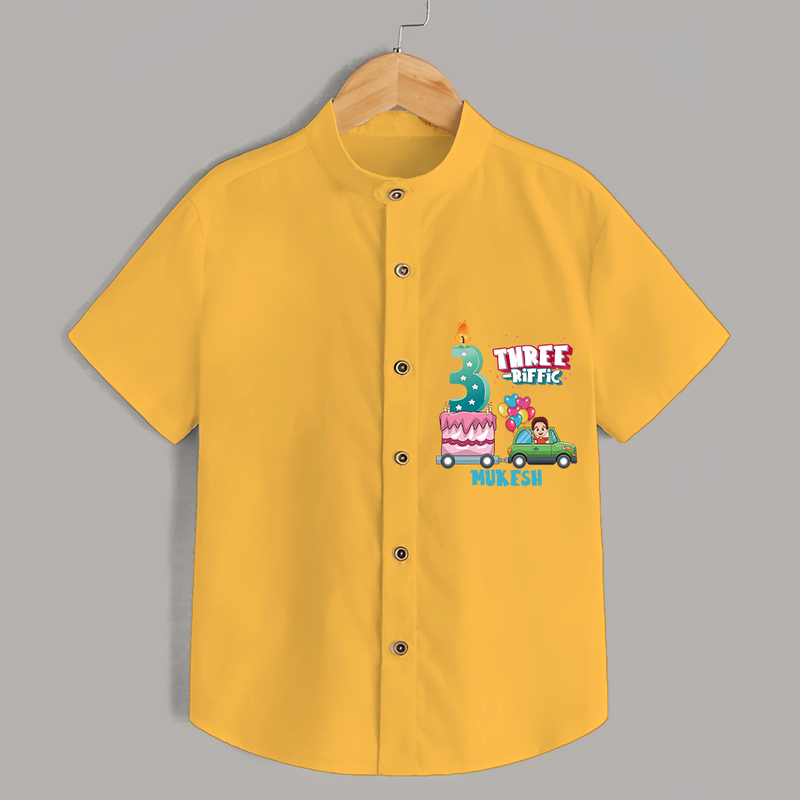 Three-riffic 3rd Birthday – Custom Name Shirt for Boys - YELLOW - 0 - 6 Months Old (Chest 21")