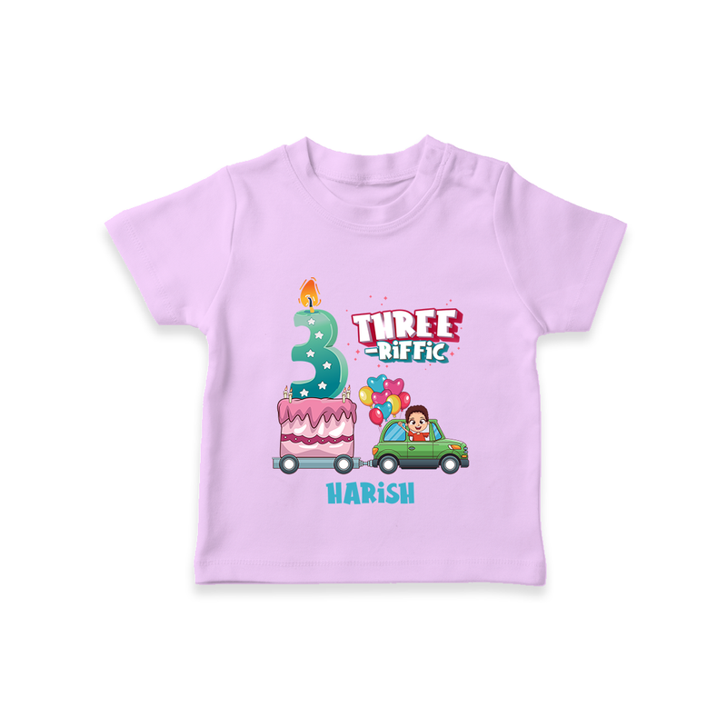 Celebrate Your Kids 3rd Year Birthday With "THREE-RIFFIC" - Personalized Birthday T-Shirts with Customized Name For Boys - LILAC - 0-5 Months Old (Chest 17")