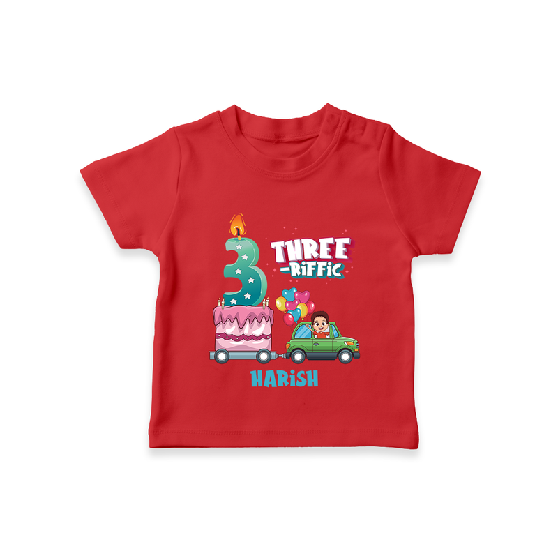 Celebrate Your Kids 3rd Year Birthday With "THREE-RIFFIC" - Personalized Birthday T-Shirts with Customized Name For Boys - RED - 0-5 Months Old (Chest 17")