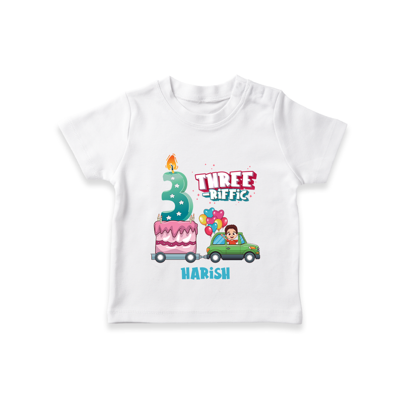 Celebrate Your Kids 3rd Year Birthday With "THREE-RIFFIC" - Personalized Birthday T-Shirts with Customized Name For Boys - WHITE - 0-5 Months Old (Chest 17")