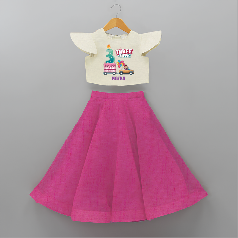 Celebrate Your Kids 3rd Year Birthday With "THREE-RIFFIC" - Personalized Birthday Crop Top And Skirt with Customized Name For Girls - FUSCHIA - 6 - 9 Months Old (Chest 20" , Frock Waist 20")