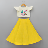 Celebrate Your Kids 3rd Year Birthday With "THREE-RIFFIC" - Personalized Birthday Crop Top And Skirt with Customized Name For Girls - YELLOW - 6 - 9 Months Old (Chest 20" , Frock Waist 20")