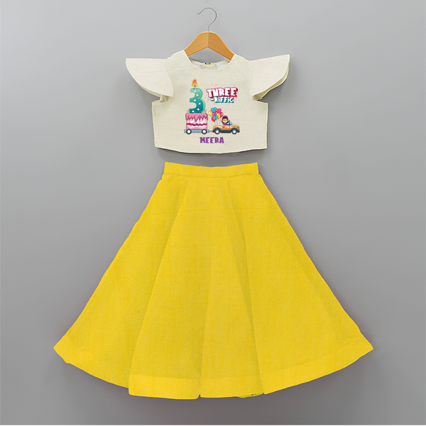 Celebrate Your Kids 3rd Year Birthday With "THREE-RIFFIC" - Personalized Birthday Crop Top And Skirt with Customized Name For Girls - YELLOW - 6 - 9 Months Old (Chest 20" , Frock Waist 20")