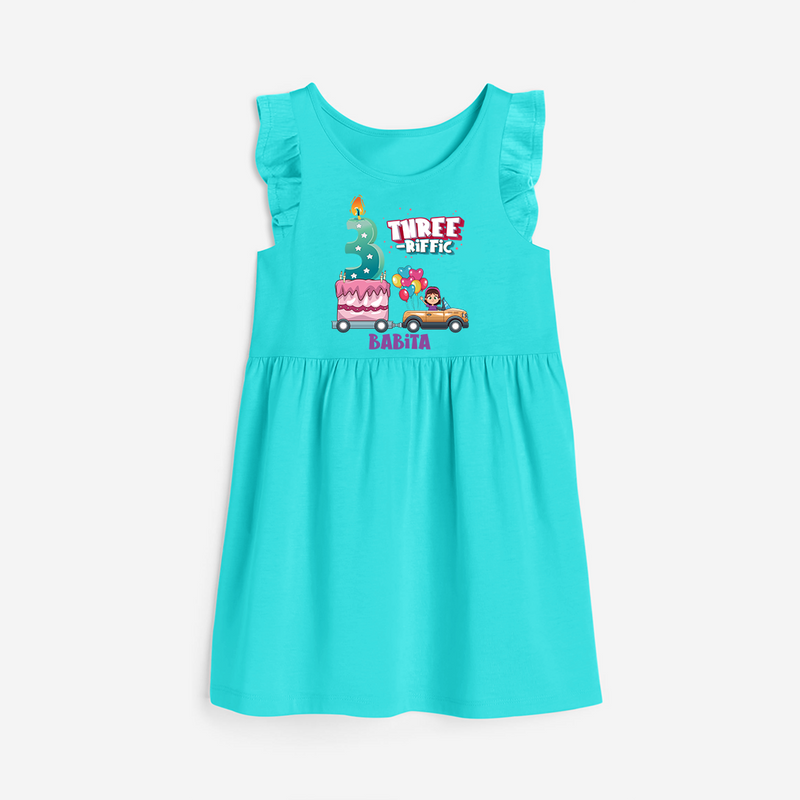 Three-riffic 3rd Birthday – Personalized Name Frock for Girls - LIGHT BLUE - 0 - 6 Months Old (Chest 18")