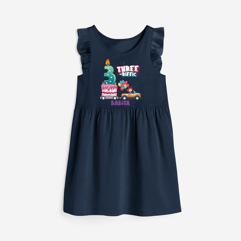 Three-riffic 3rd Birthday – Personalized Name Frock for Girls - NAVY BLUE - 0 - 6 Months Old (Chest 18")