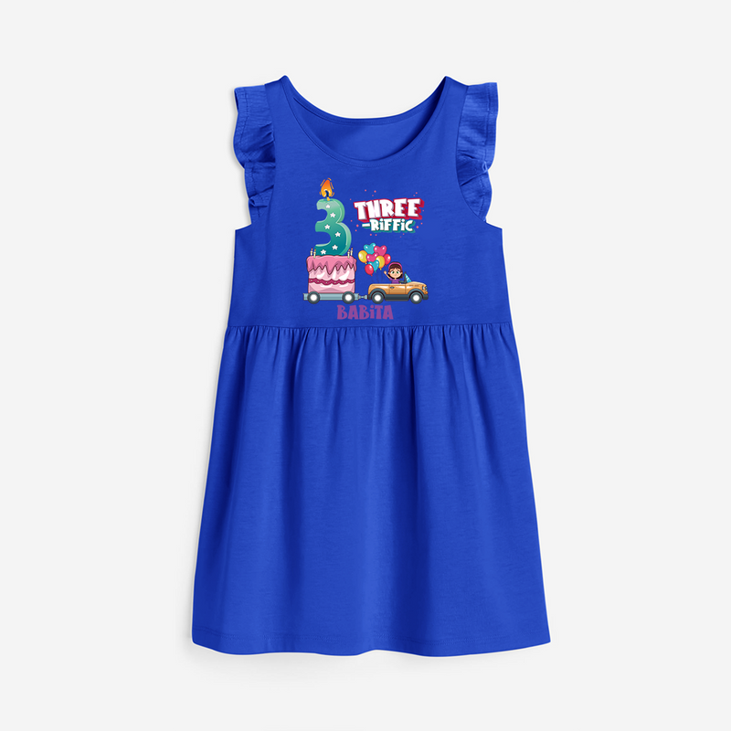 Three-riffic 3rd Birthday – Personalized Name Frock for Girls - ROYAL BLUE - 0 - 6 Months Old (Chest 18")