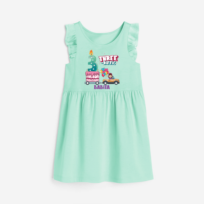 Three-riffic 3rd Birthday – Personalized Name Frock for Girls - TEAL GREEN - 0 - 6 Months Old (Chest 18")