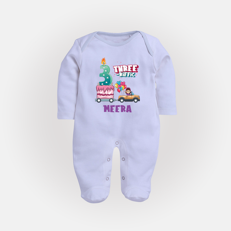 Monthly Milestone Baby Full Sleeve Bodysuit/ Sleep Suit/ Jumpsuit -3rd Month | Personalized Print | Cute & Comfortable - BABY BLUE - New Born (Chest 7.5")