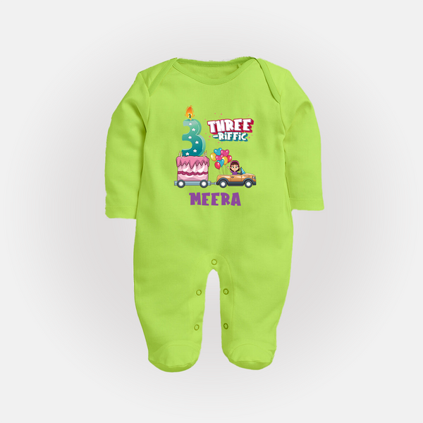 Monthly Milestone Baby Full Sleeve Bodysuit/ Sleep Suit/ Jumpsuit -3rd Month | Personalized Print | Cute & Comfortable - LIME GREEN - New Born (Chest 7.5")