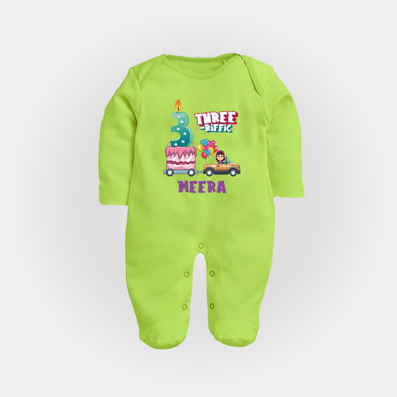 Monthly Milestone Baby Full Sleeve Bodysuit/ Sleep Suit/ Jumpsuit -3rd Month | Personalized Print | Cute & Comfortable - LIME GREEN - New Born (Chest 7.5")