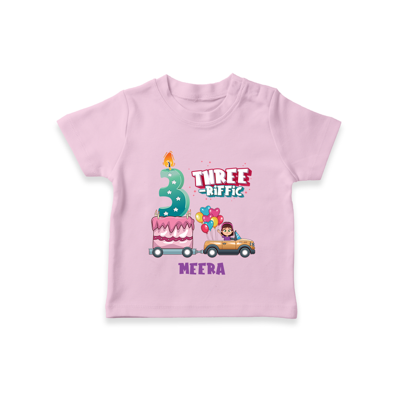 Celebrate Your Kids 3rd Year Birthday With "THREE-RIFFIC" - Personalized Birthday T-Shirts with Customized Name For Girls - PINK - 0-5 Months Old (Chest 17")