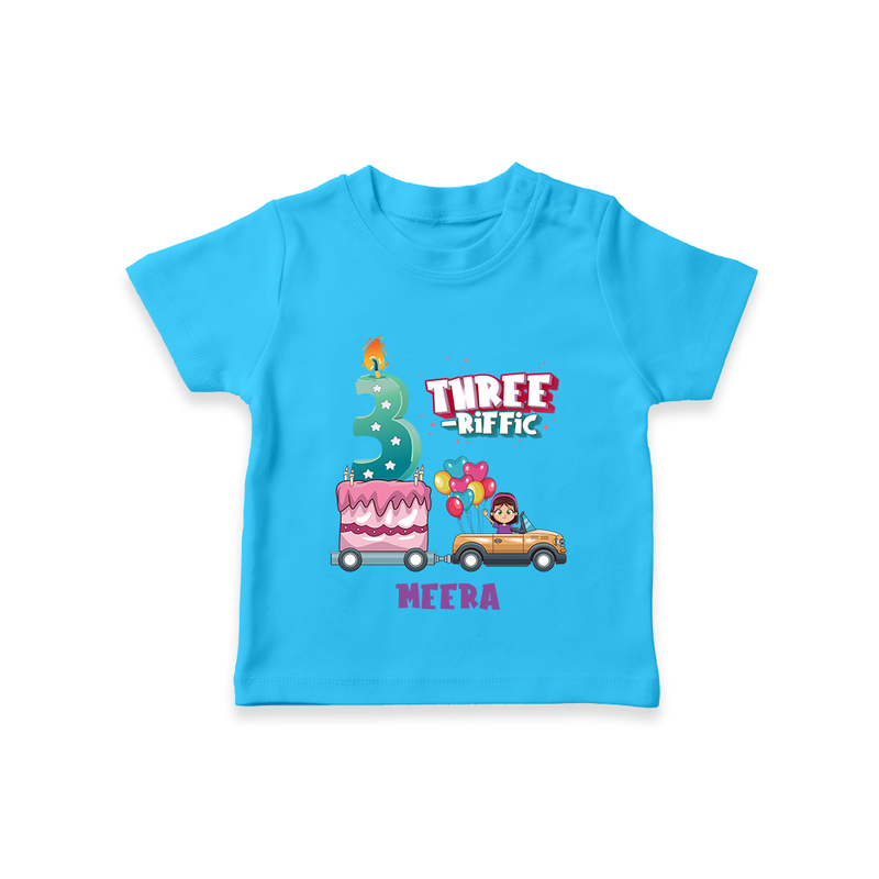 Celebrate Your Kids 3rd Year Birthday With "THREE-RIFFIC" - Personalized Birthday T-Shirts with Customized Name For Girls - SKY BLUE - 0-5 Months Old (Chest 17")