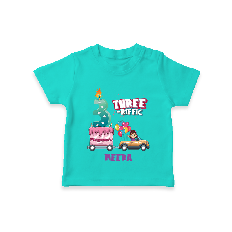 Celebrate Your Kids 3rd Year Birthday With "THREE-RIFFIC" - Personalized Birthday T-Shirts with Customized Name For Girls - TEAL - 0-5 Months Old (Chest 17")