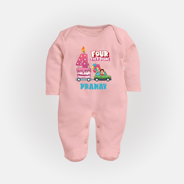 Celebrate 4 Month with Custom Full Sleeve Bodysuit/ Sleep Suit/ Jumpsuit | Personalized Newborn Outfit | Soft Cotton Comfort - BABY PINK - New Born (Chest 7.5")